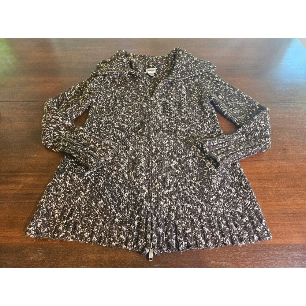 Chico's Cardigan Sweater Women Size 0 Brown Marled Full Zip Wool Blend Chunky